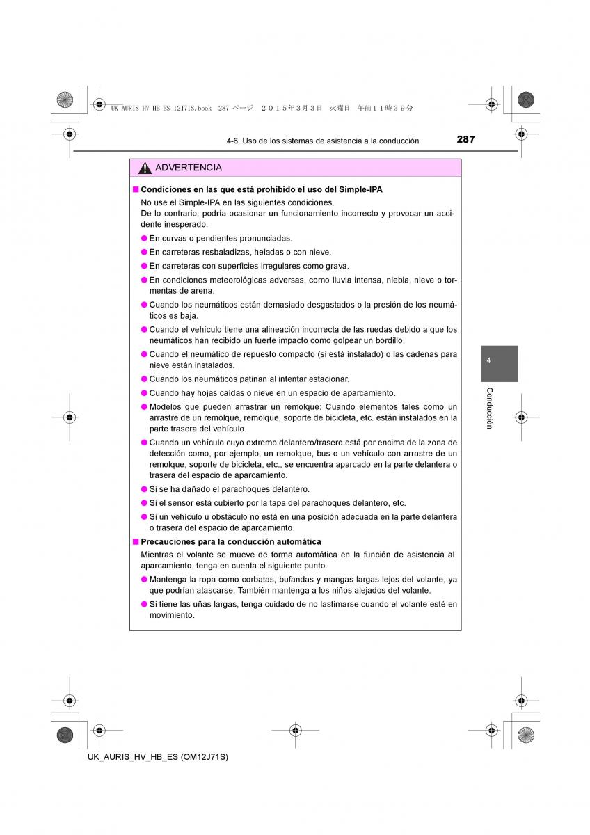 Toyota Auris Hybrid II 2 manual del propietario / page 287