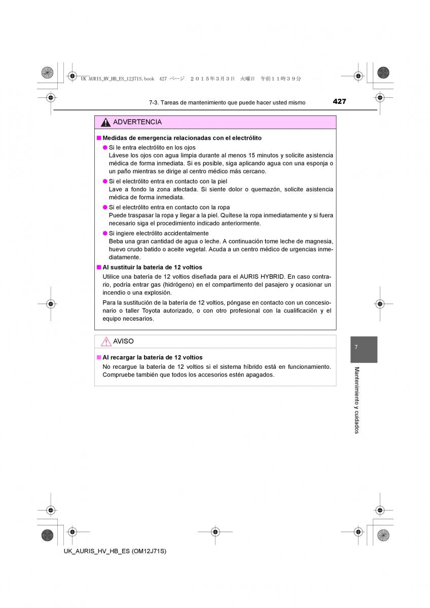 Toyota Auris Hybrid II 2 manual del propietario / page 427