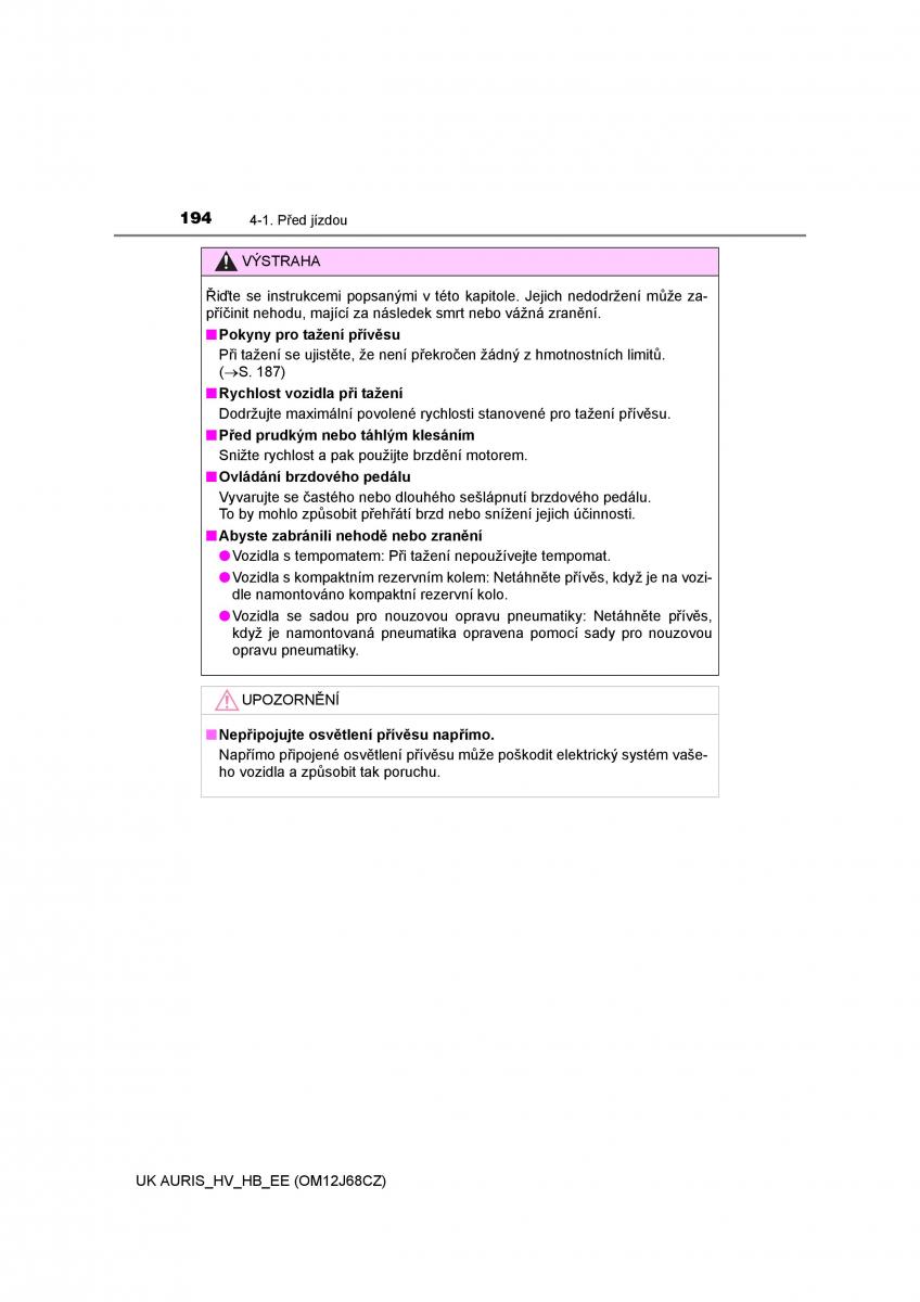 Toyota Auris Hybrid II 2 navod k obsludze / page 194