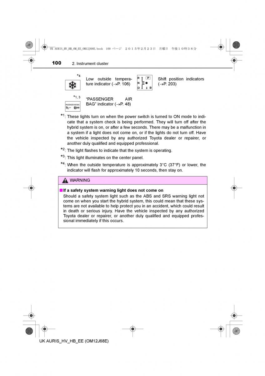 Toyota Auris Hybrid II 2 owners manual / page 100