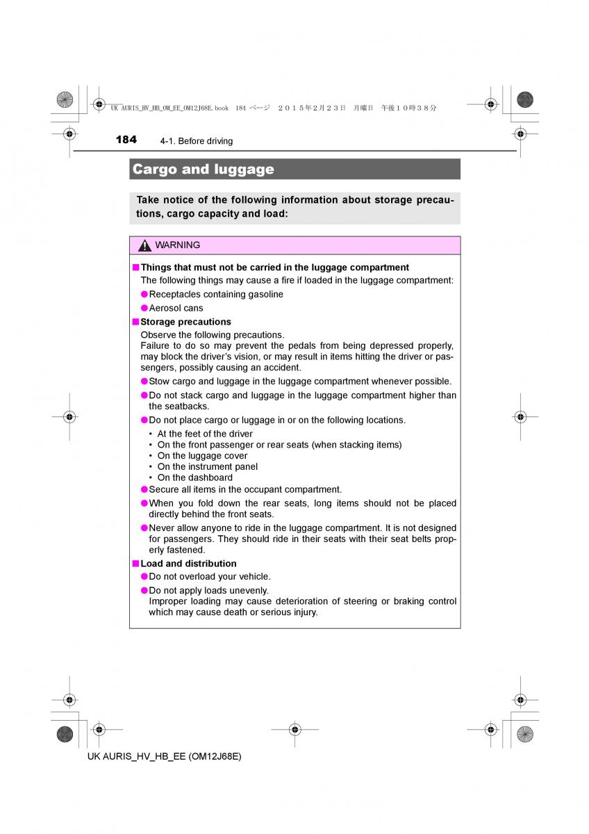 Toyota Auris Hybrid II 2 owners manual / page 184