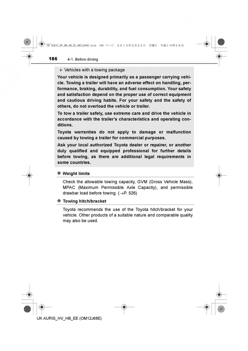 Toyota Auris Hybrid II 2 owners manual / page 186