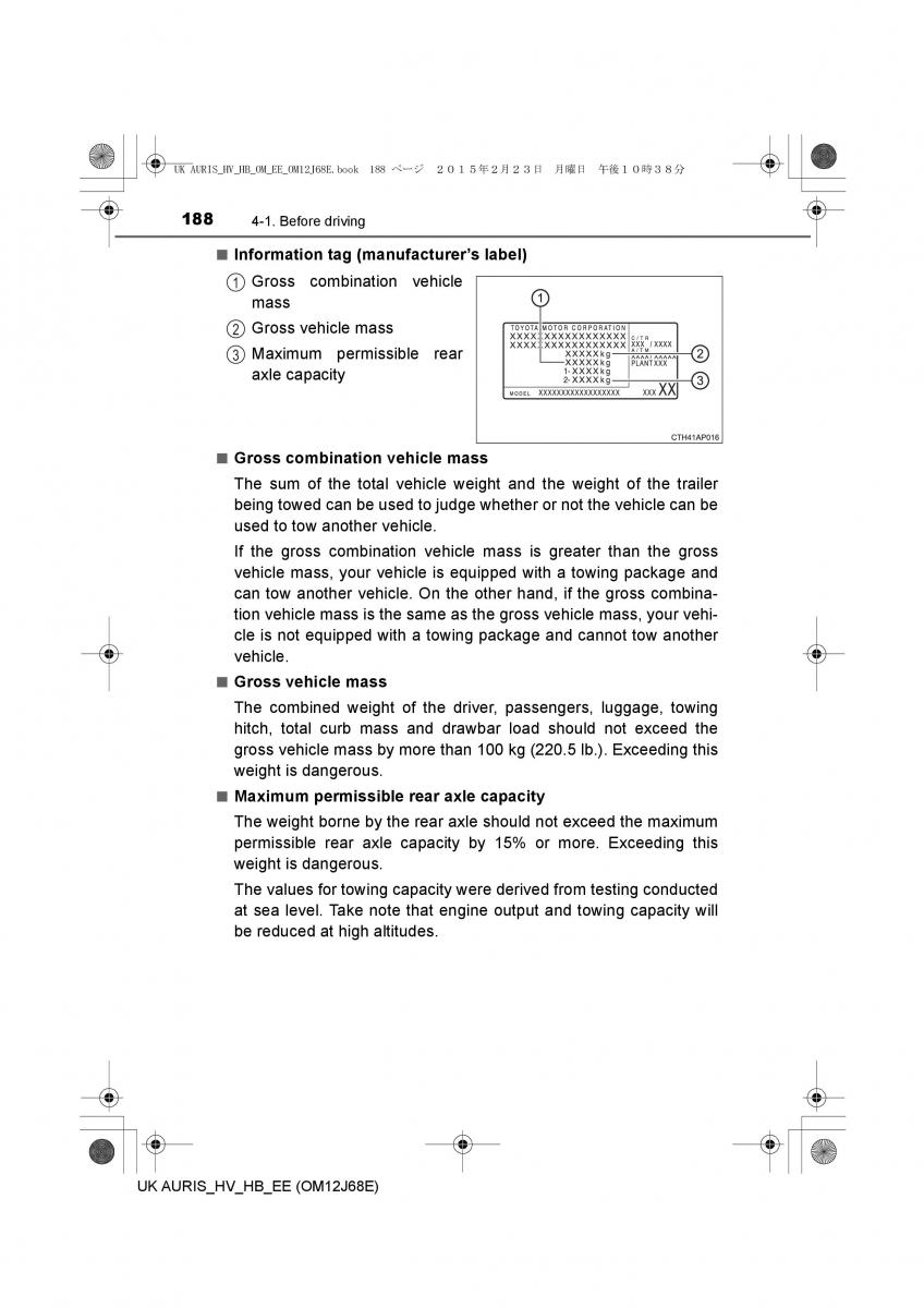 Toyota Auris Hybrid II 2 owners manual / page 188