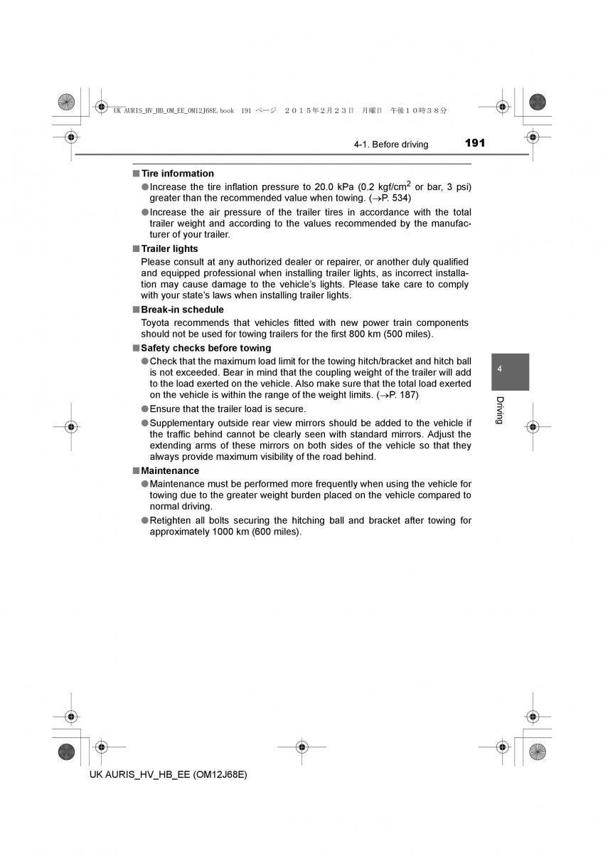 Toyota Auris Hybrid II 2 owners manual / page 191