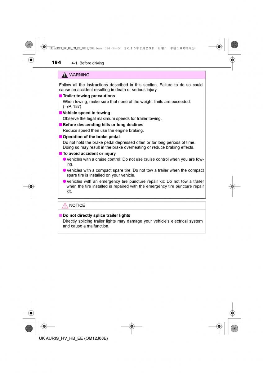 Toyota Auris Hybrid II 2 owners manual / page 194