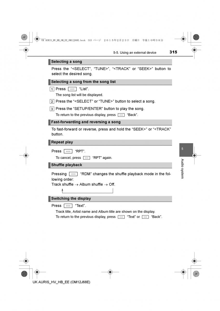 Toyota Auris Hybrid II 2 owners manual / page 315