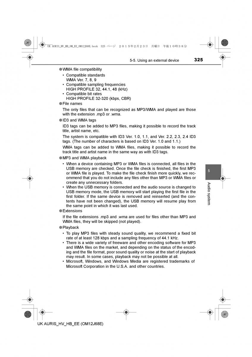 Toyota Auris Hybrid II 2 owners manual / page 325