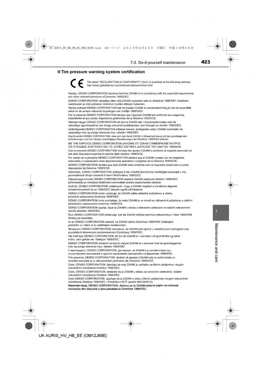 Toyota Auris Hybrid II 2 owners manual / page 423