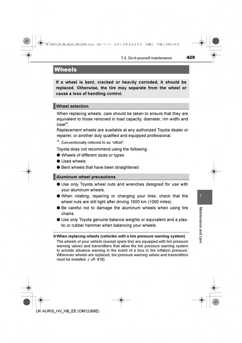 Toyota Auris Hybrid II 2 owners manual / page 429