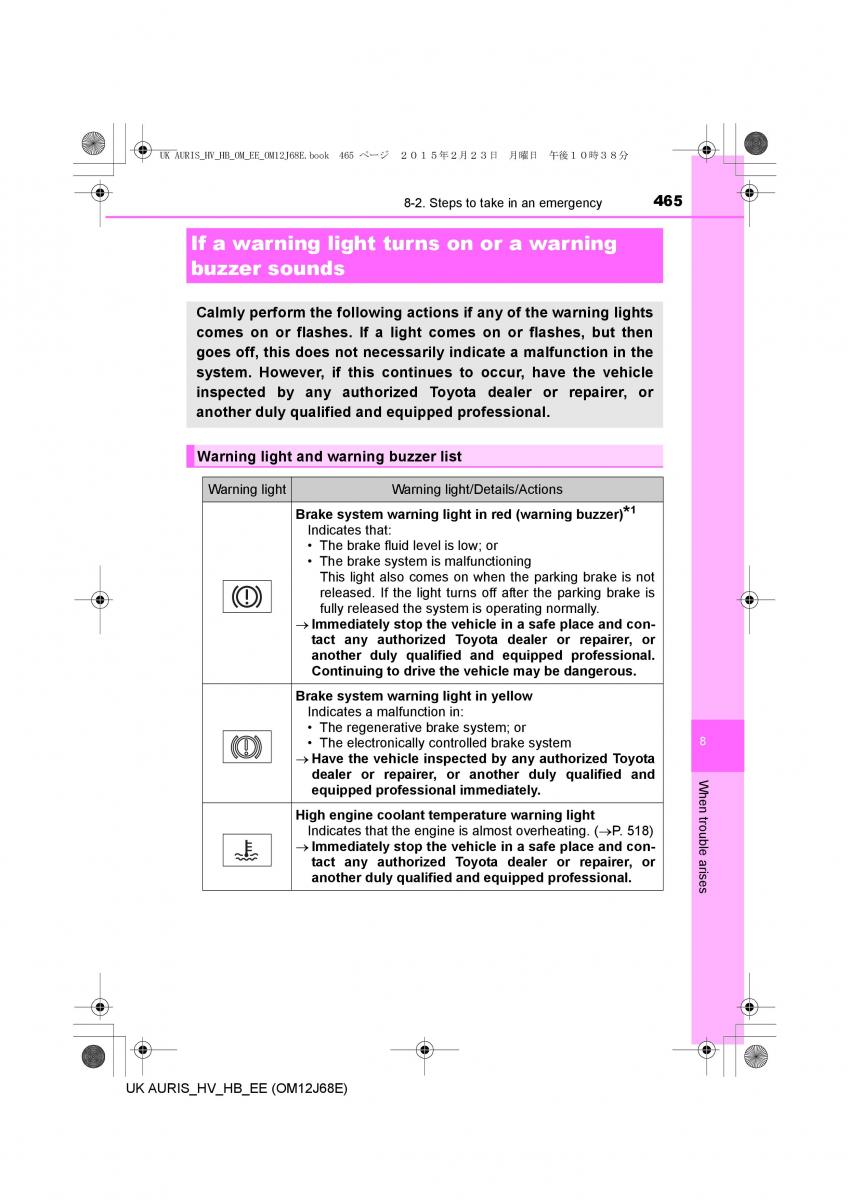 Toyota Auris Hybrid II 2 owners manual / page 465