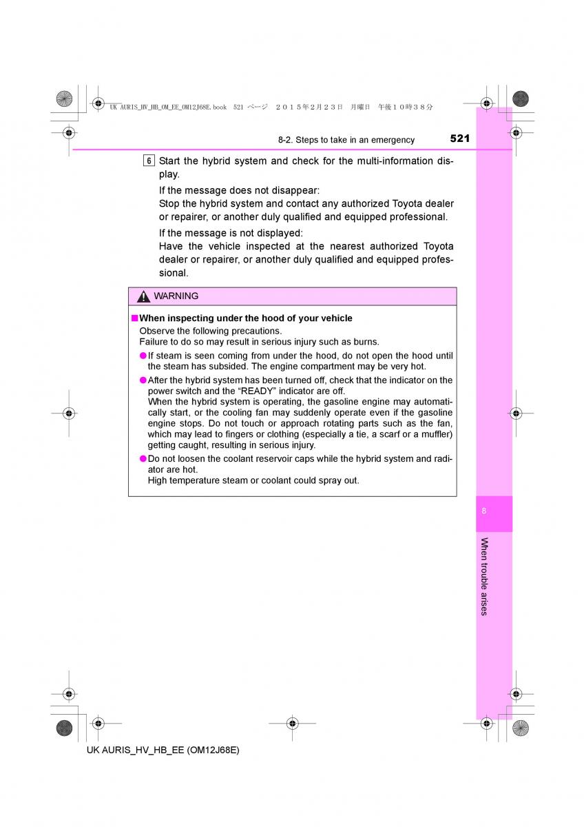 Toyota Auris Hybrid II 2 owners manual / page 521