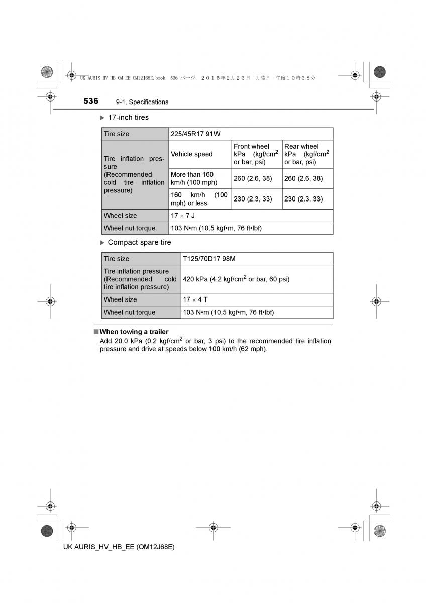 Toyota Auris Hybrid II 2 owners manual / page 536