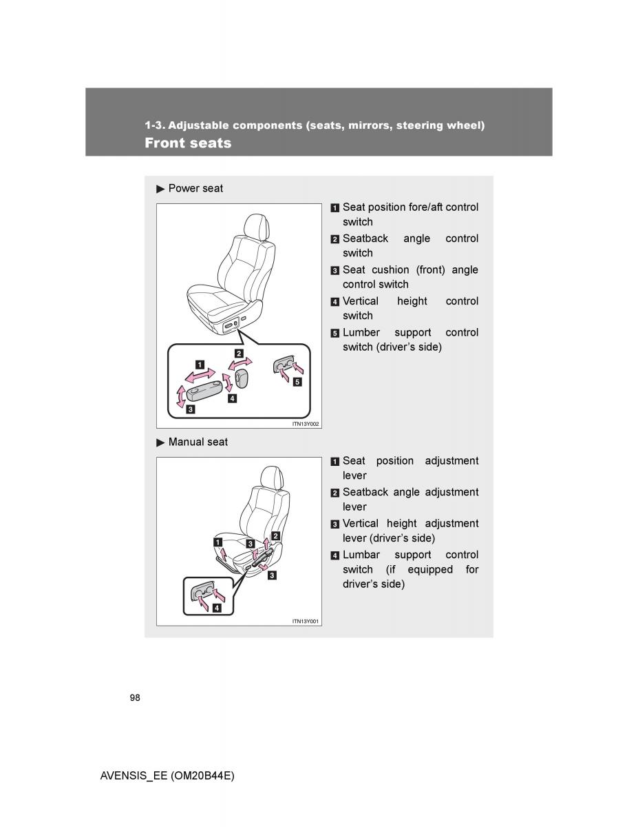 Toyota Avensis III 3 owners manual / page 98