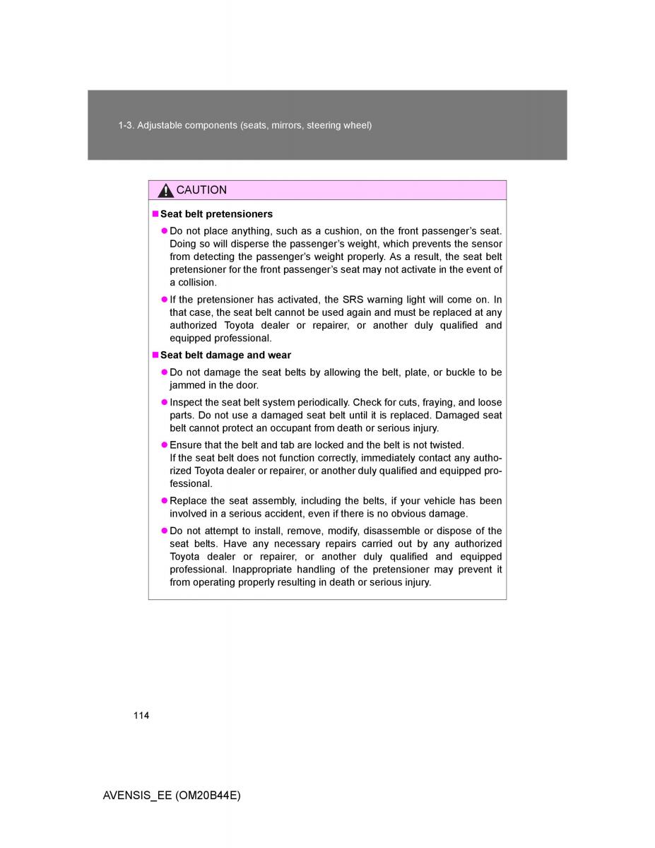 Toyota Avensis III 3 owners manual / page 114