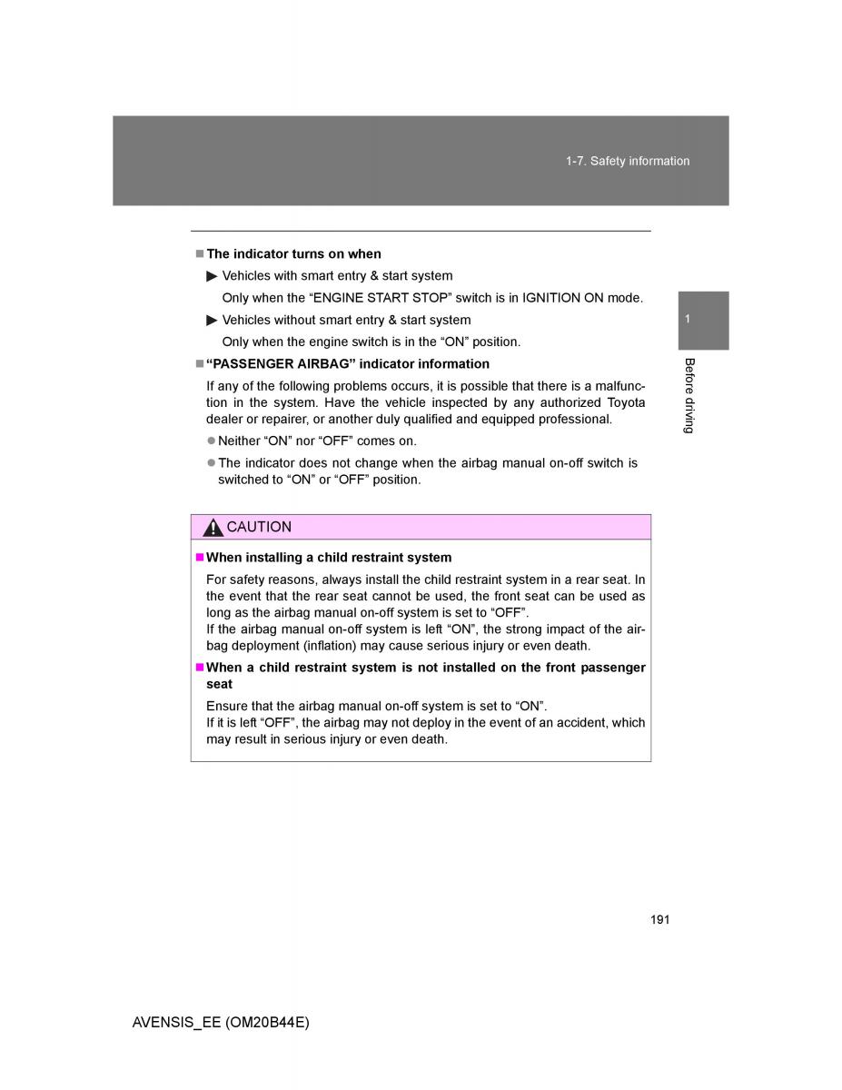 Toyota Avensis III 3 owners manual / page 191