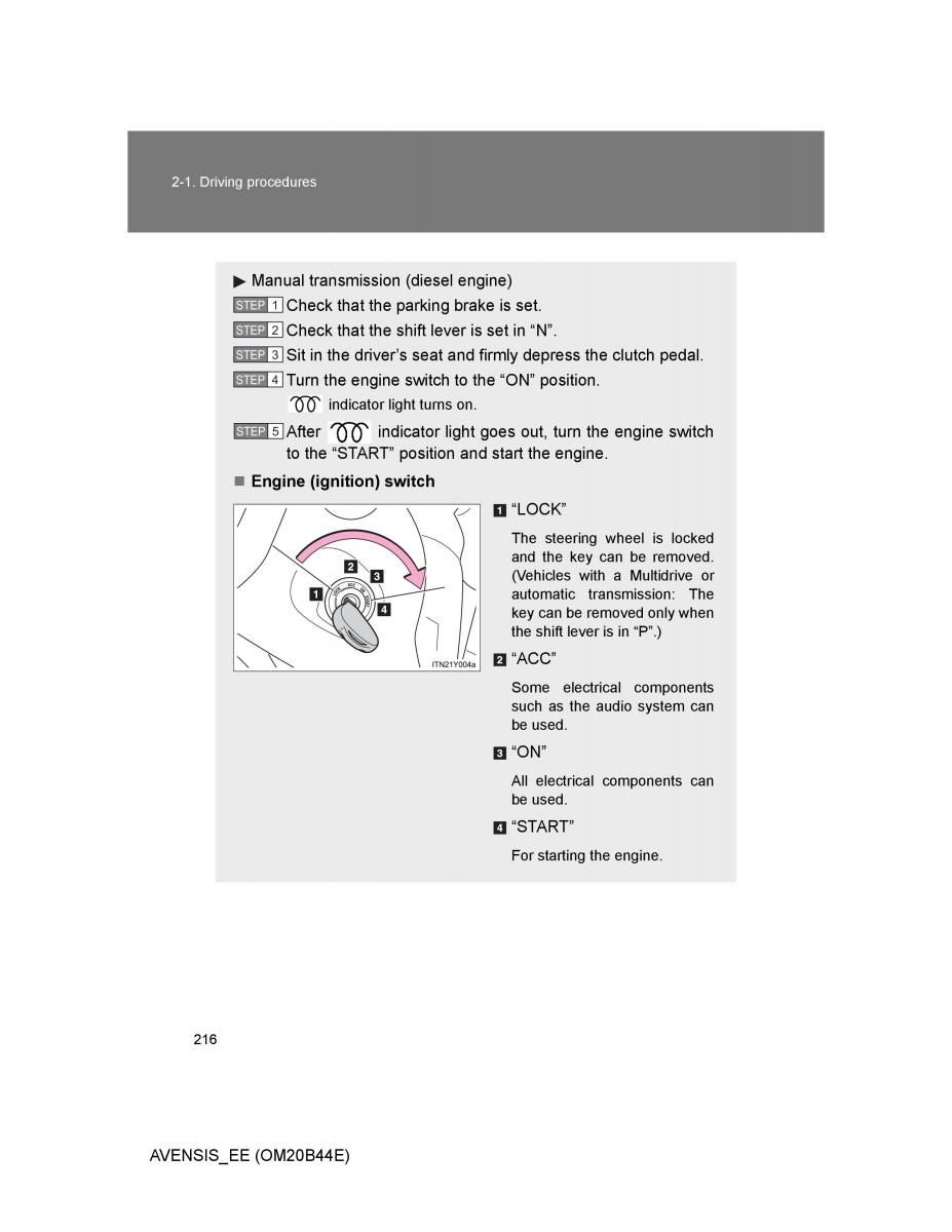 Toyota Avensis III 3 owners manual / page 216