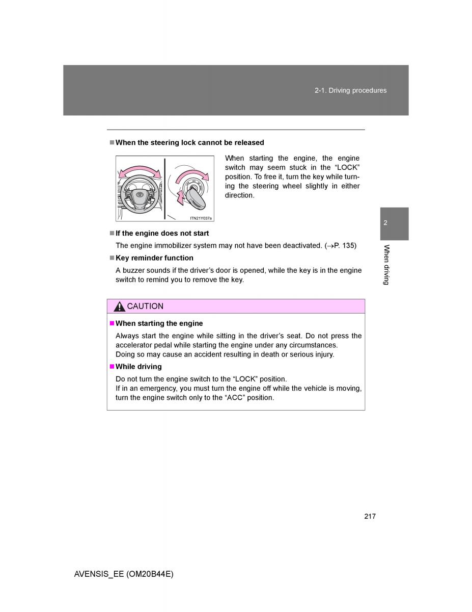 Toyota Avensis III 3 owners manual / page 217