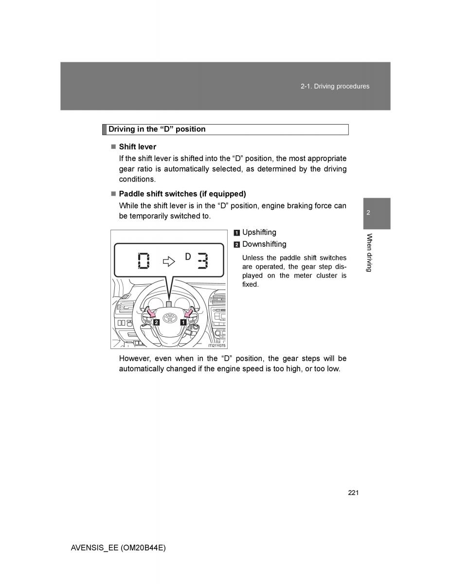 Toyota Avensis III 3 owners manual / page 221