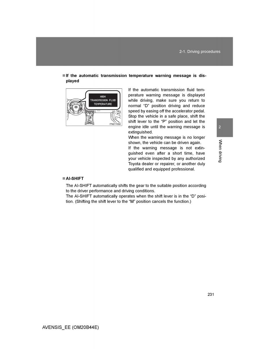 Toyota Avensis III 3 owners manual / page 231