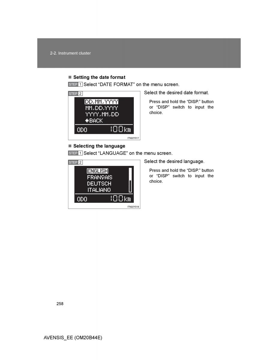 Toyota Avensis III 3 owners manual / page 258