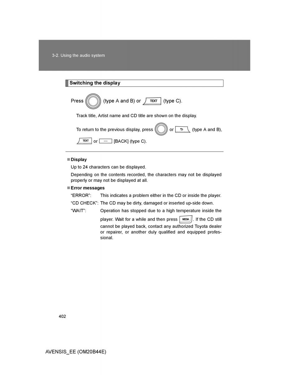 Toyota Avensis III 3 owners manual / page 402