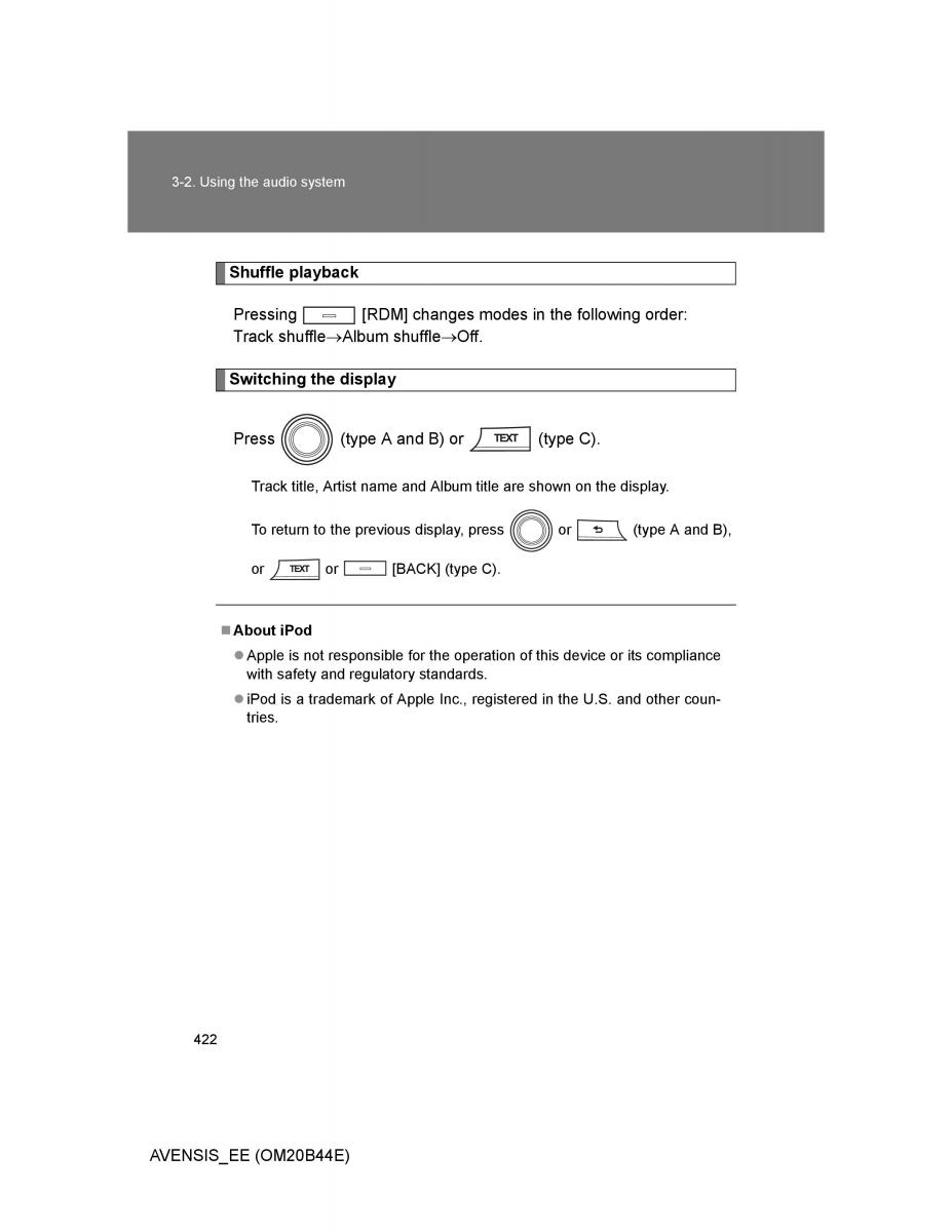 Toyota Avensis III 3 owners manual / page 422