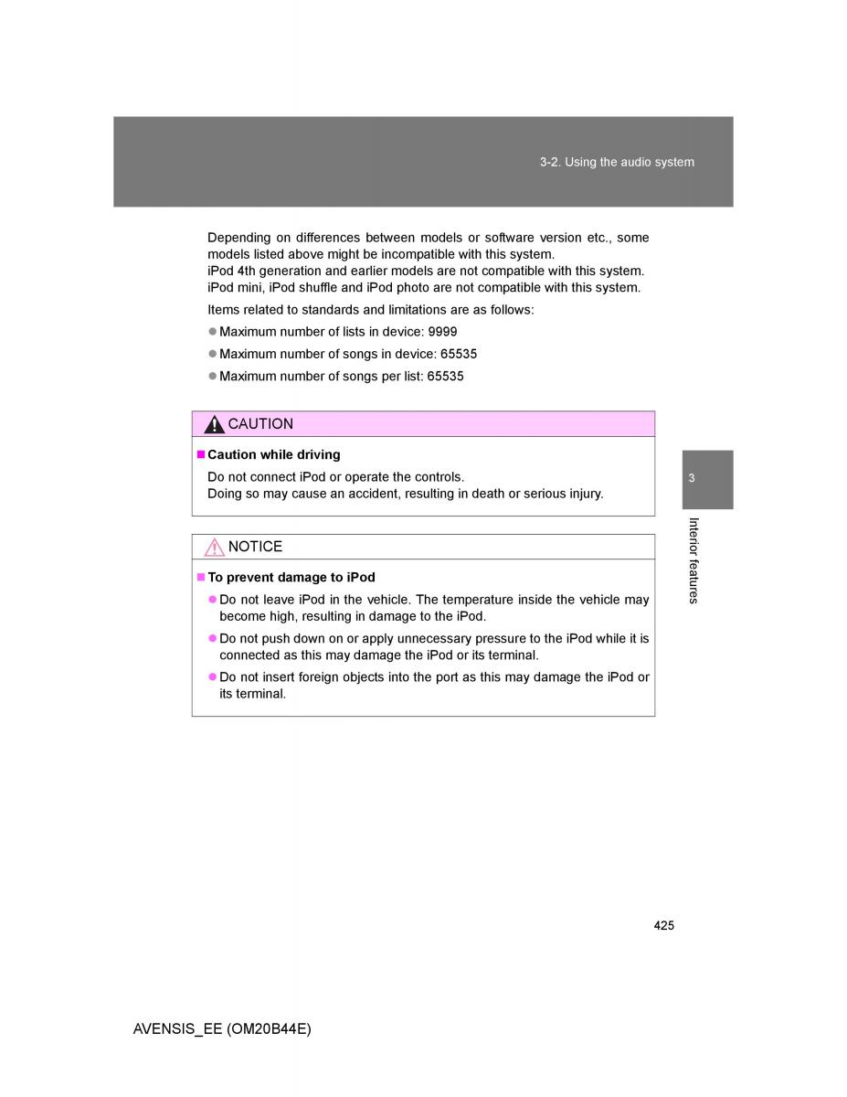 Toyota Avensis III 3 owners manual / page 425