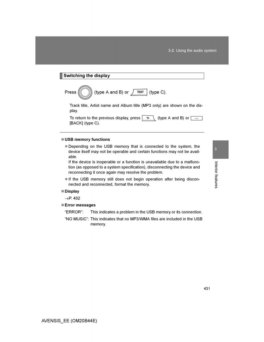 Toyota Avensis III 3 owners manual / page 431