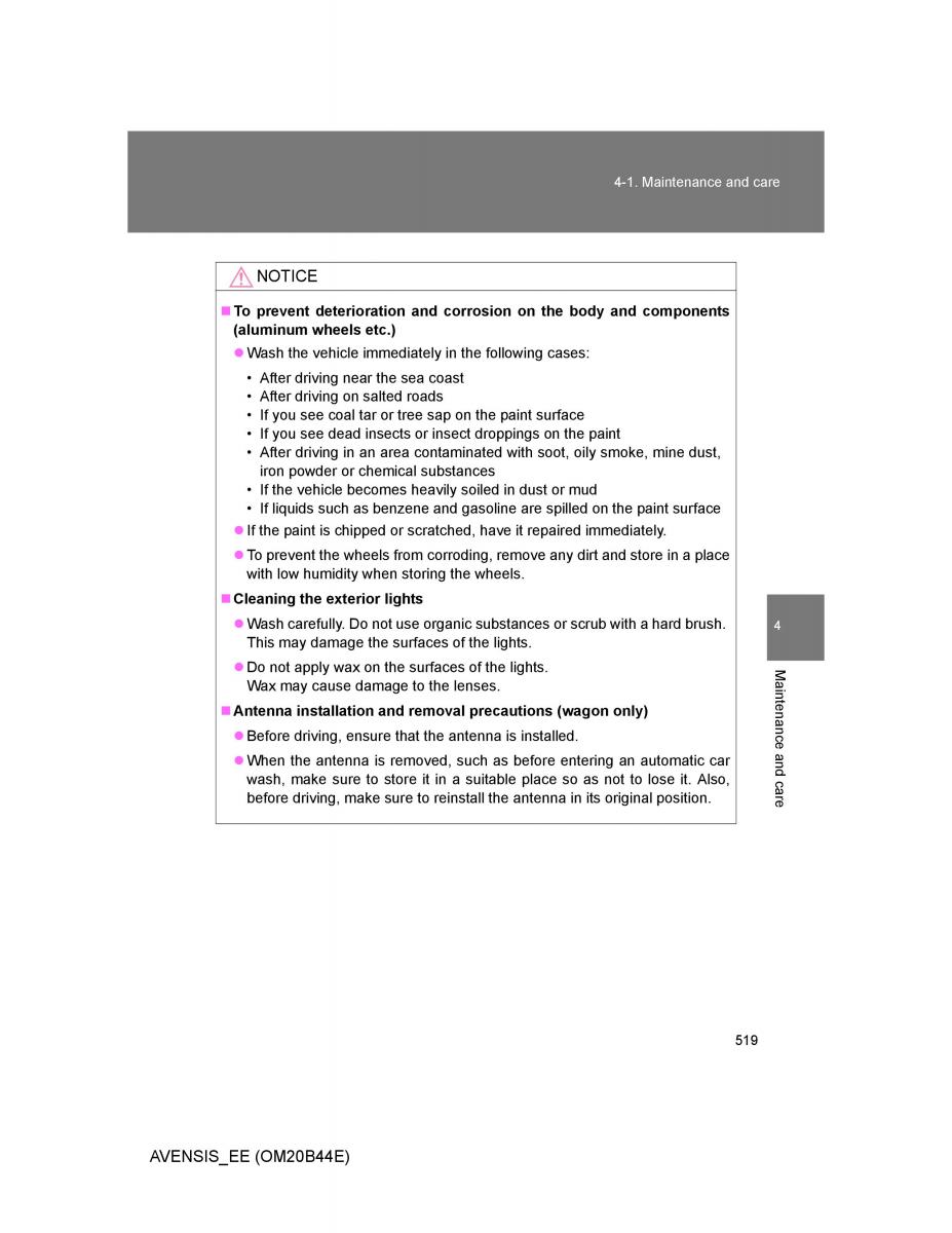 Toyota Avensis III 3 owners manual / page 519