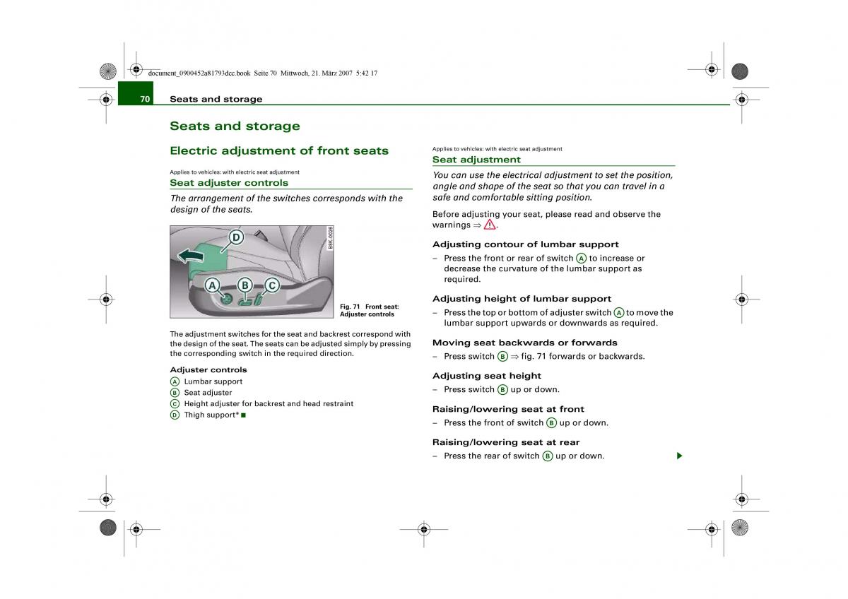 Audi S5 A5 owners manual / page 72