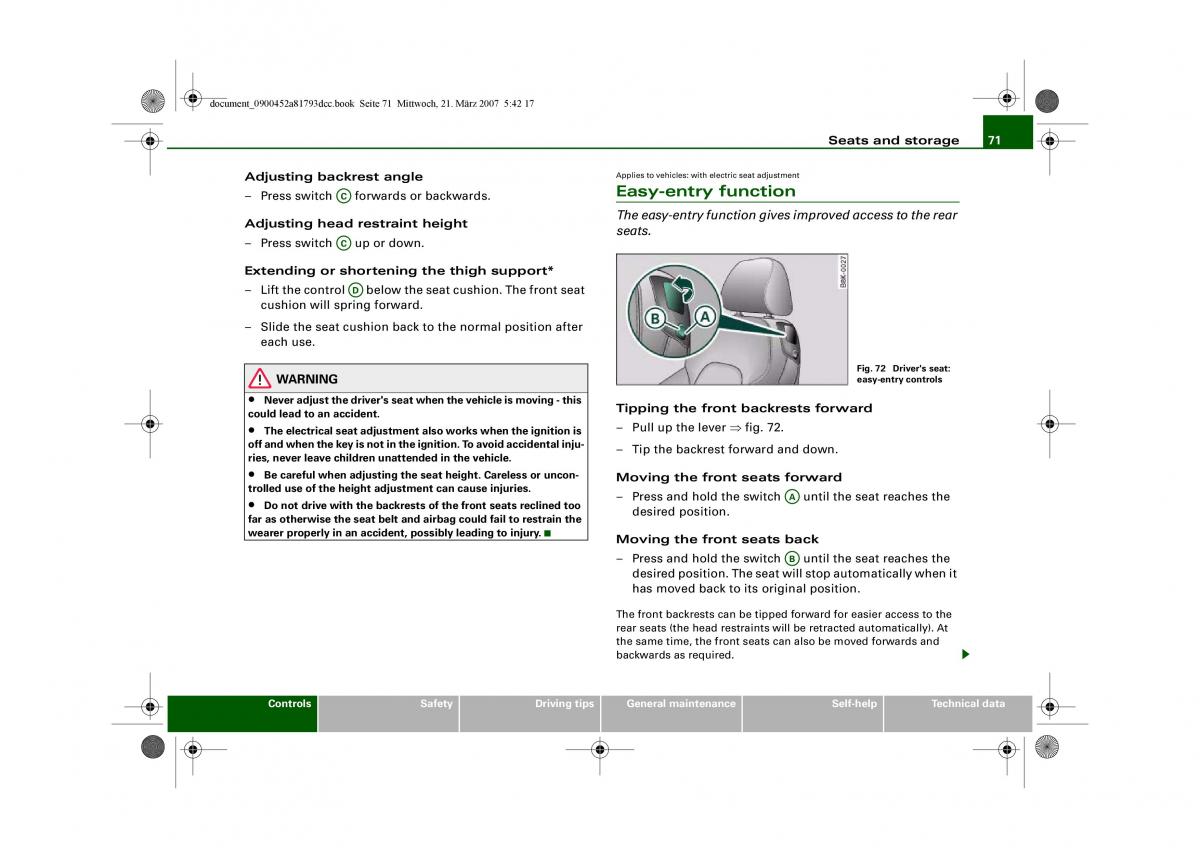 Audi S5 A5 owners manual / page 73