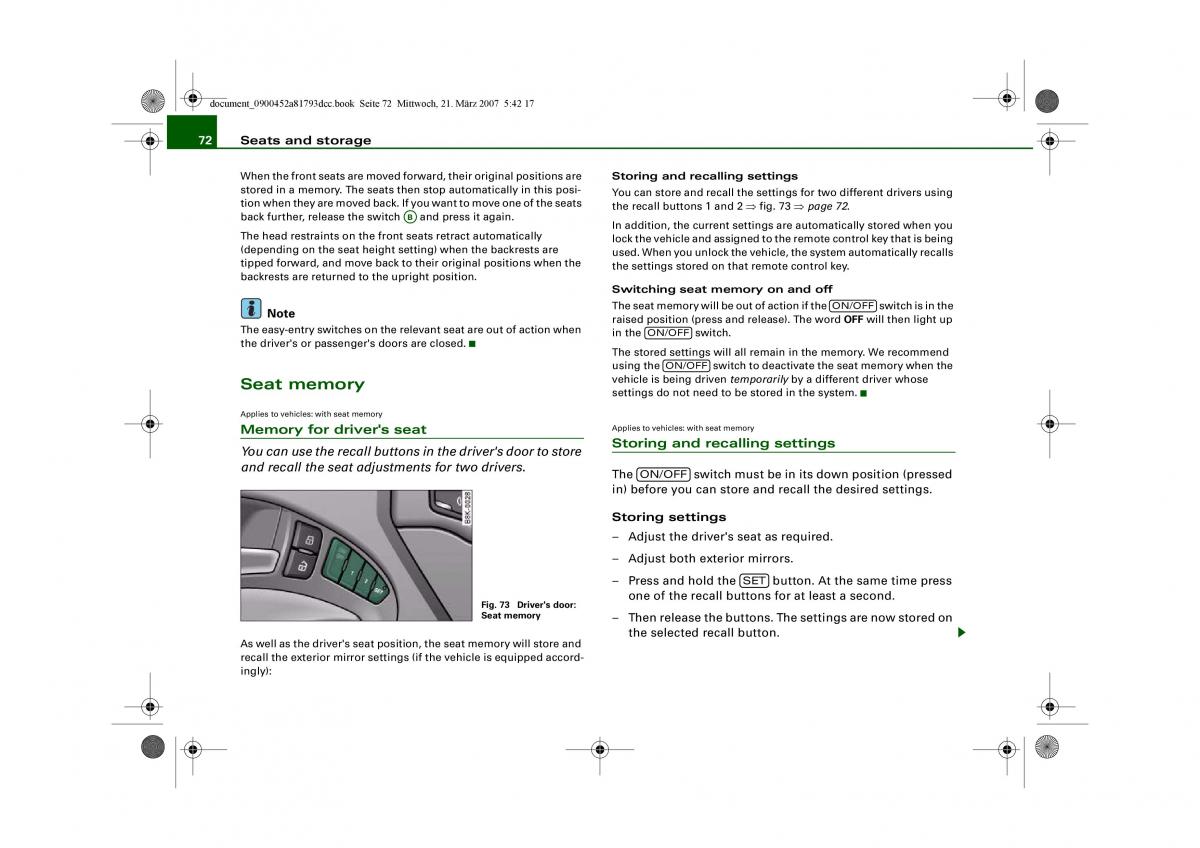 Audi S5 A5 owners manual / page 74