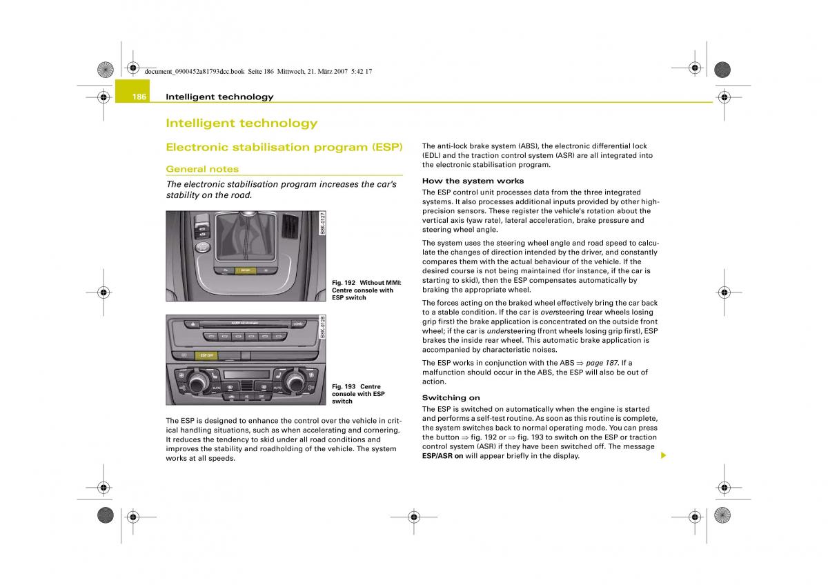 Audi S5 A5 owners manual / page 188