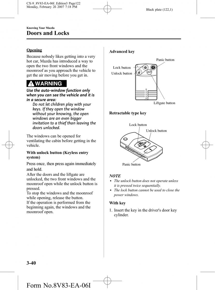 Mazda CX 9 owners manual / page 122