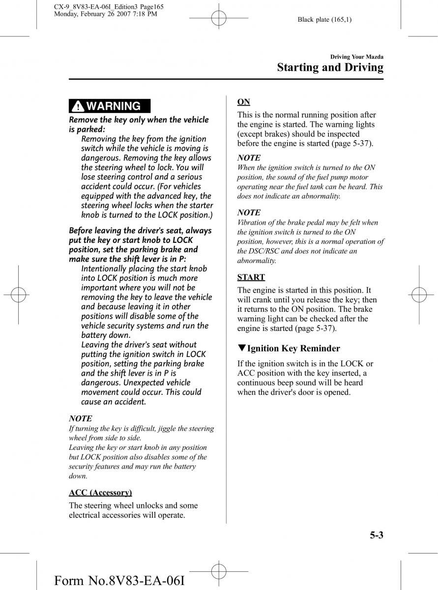 Mazda CX 9 owners manual / page 165