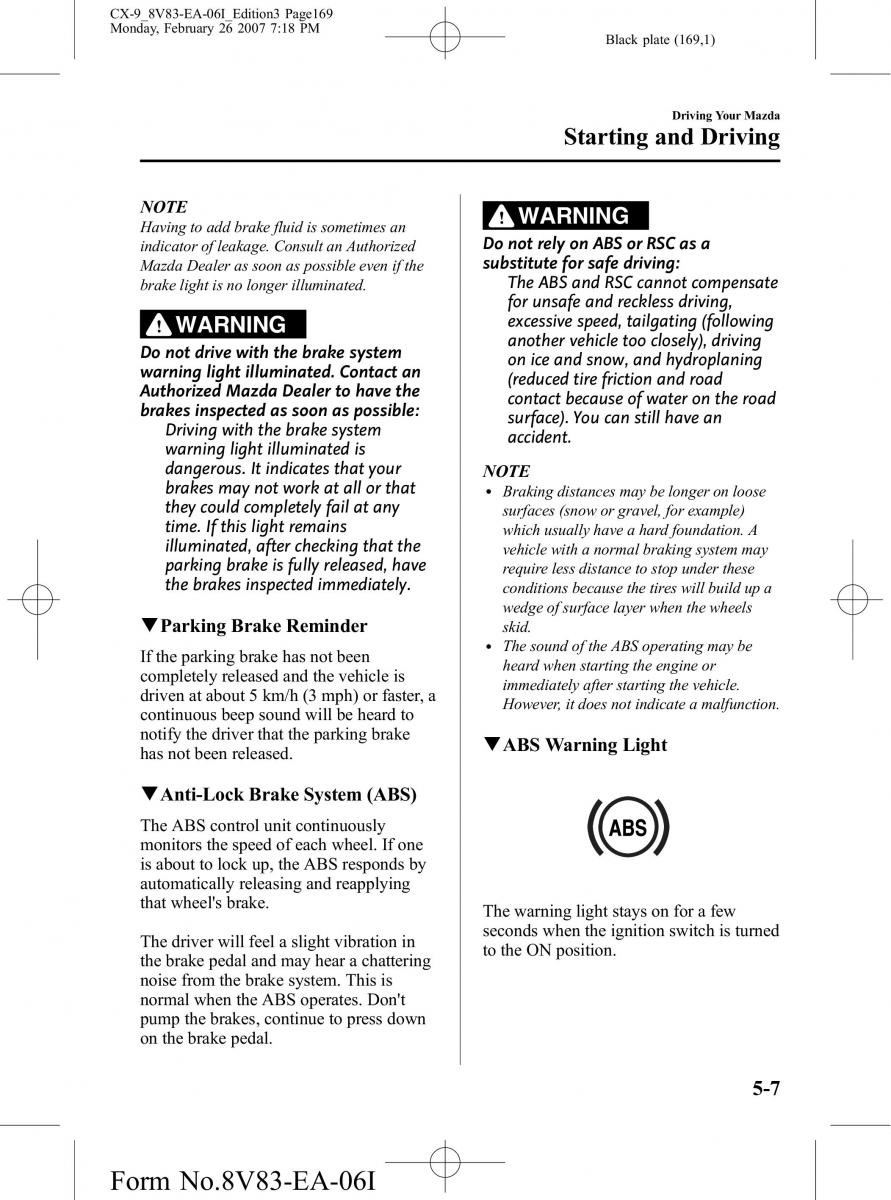 Mazda CX 9 owners manual / page 169