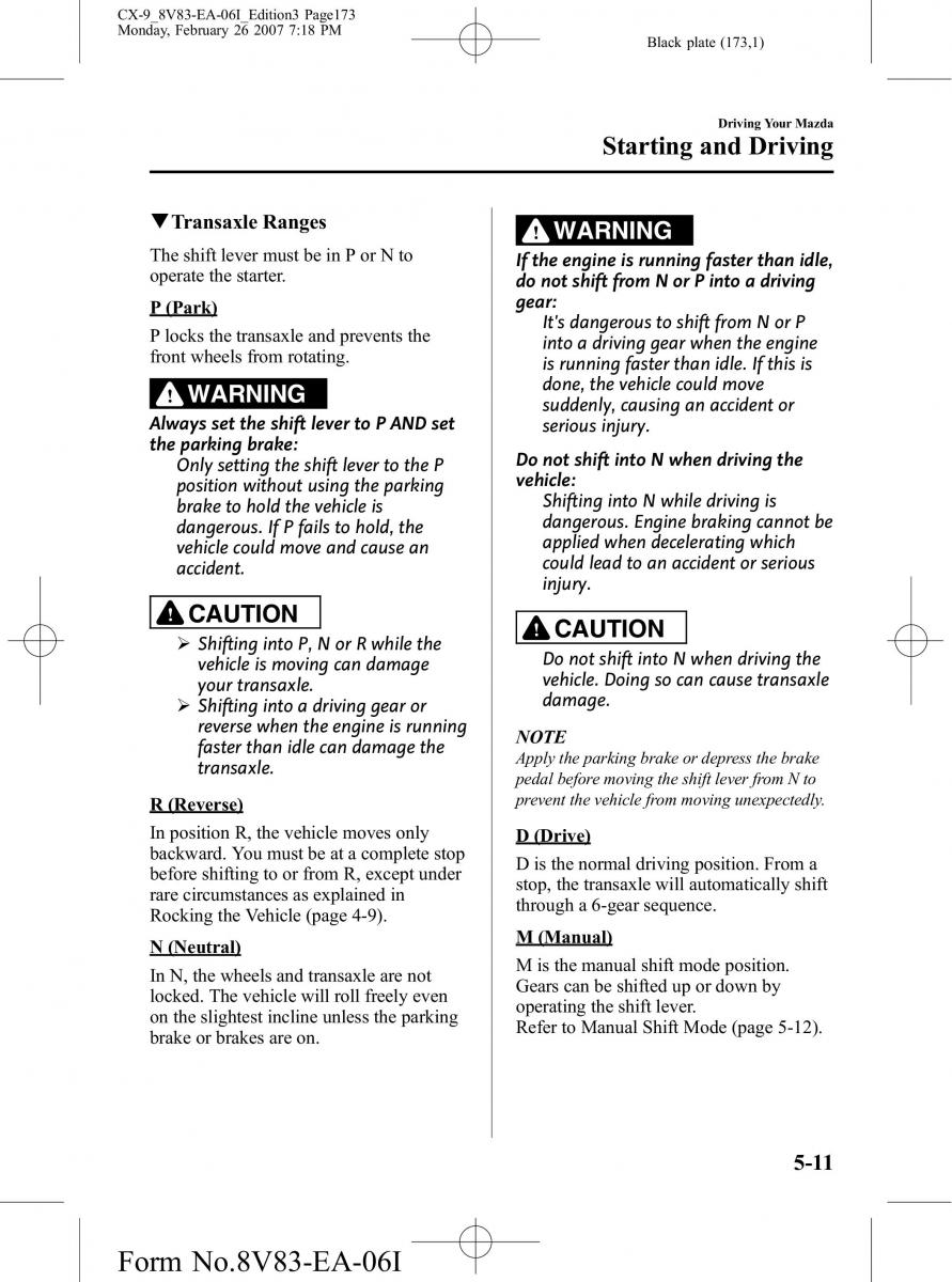 Mazda CX 9 owners manual / page 173