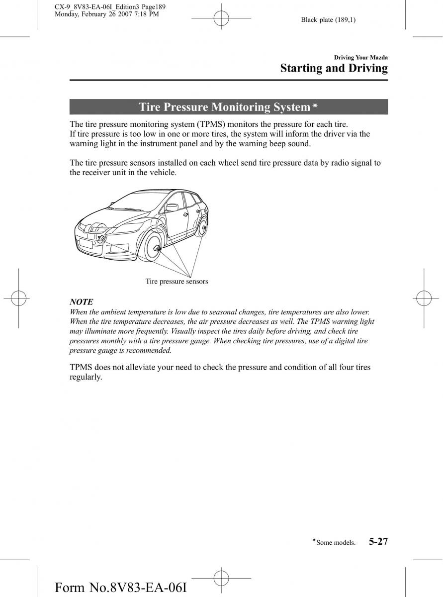 Mazda CX 9 owners manual / page 189