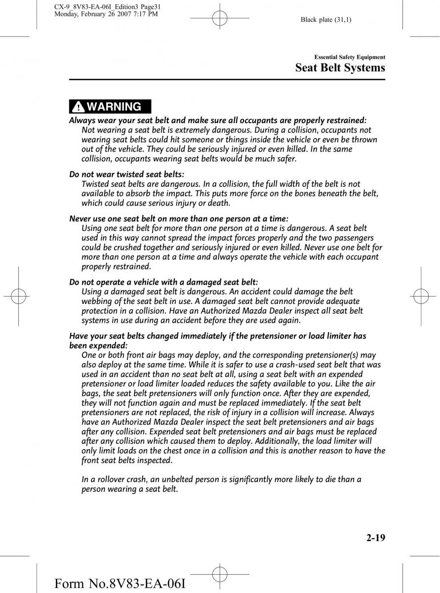 Mazda CX 9 owners manual / page 31