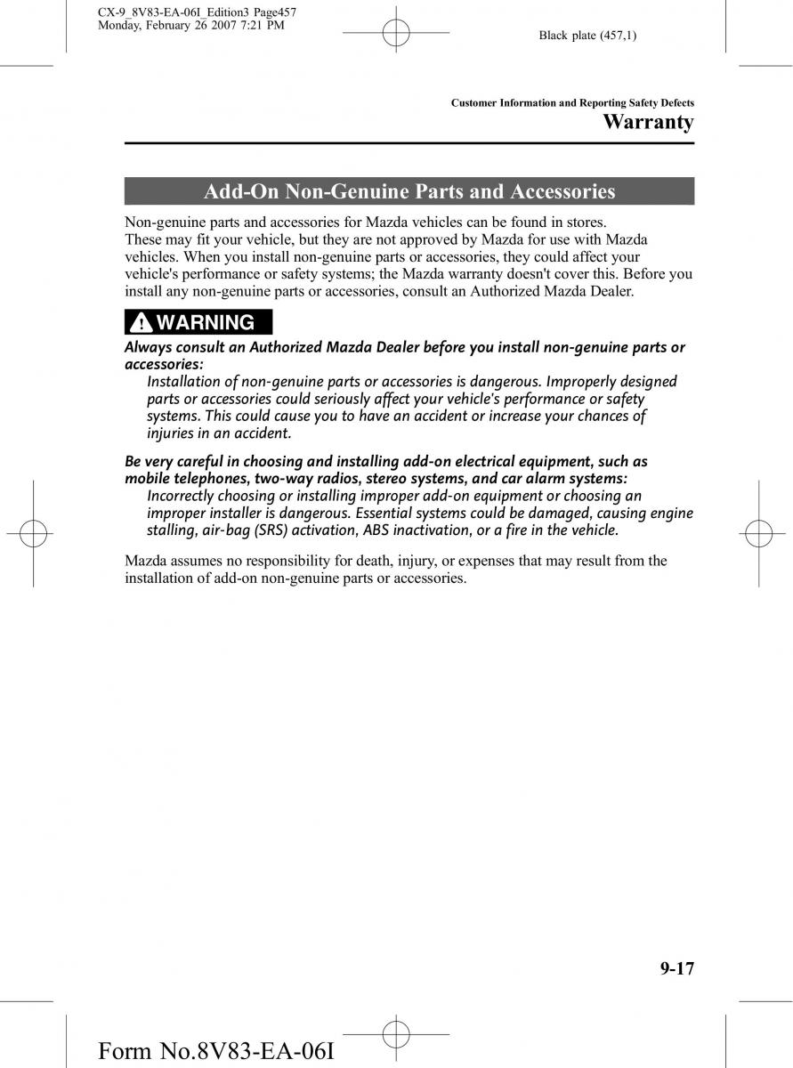 Mazda CX 9 owners manual / page 457