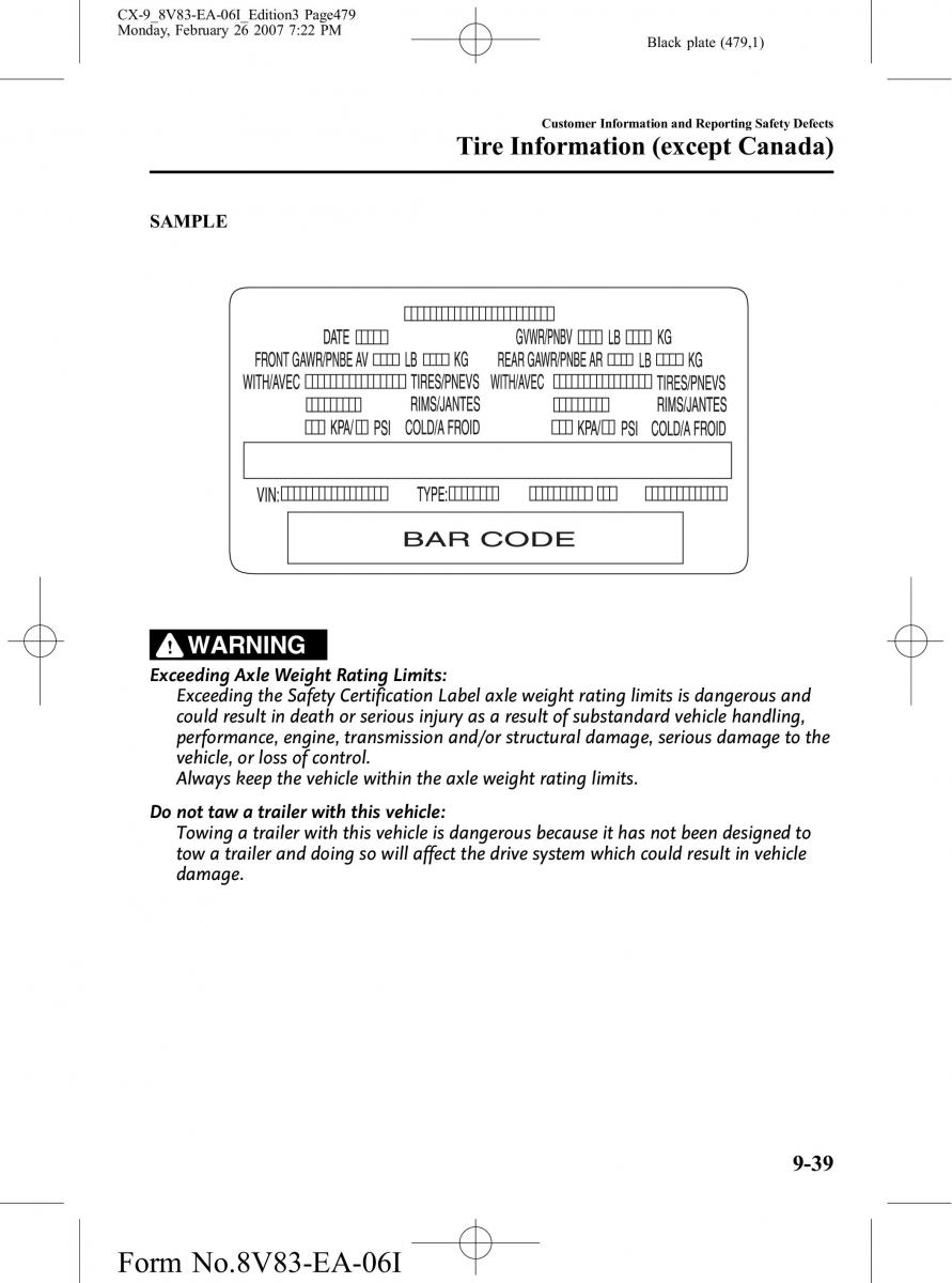 Mazda CX 9 owners manual / page 479