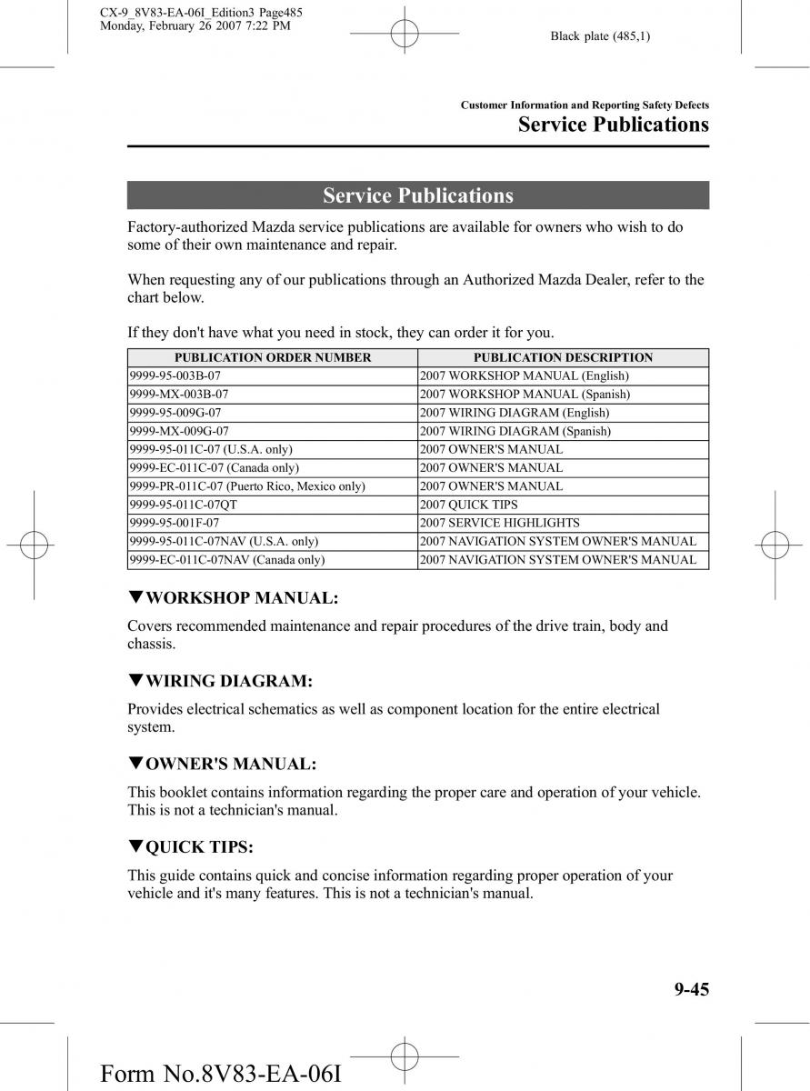 Mazda CX 9 owners manual / page 485