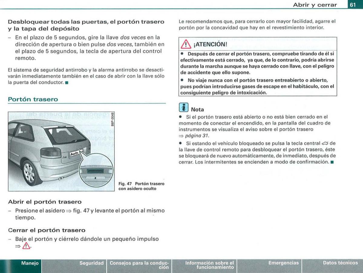 Audi A3 II 2 8P owners manual manual del propietario / page 63