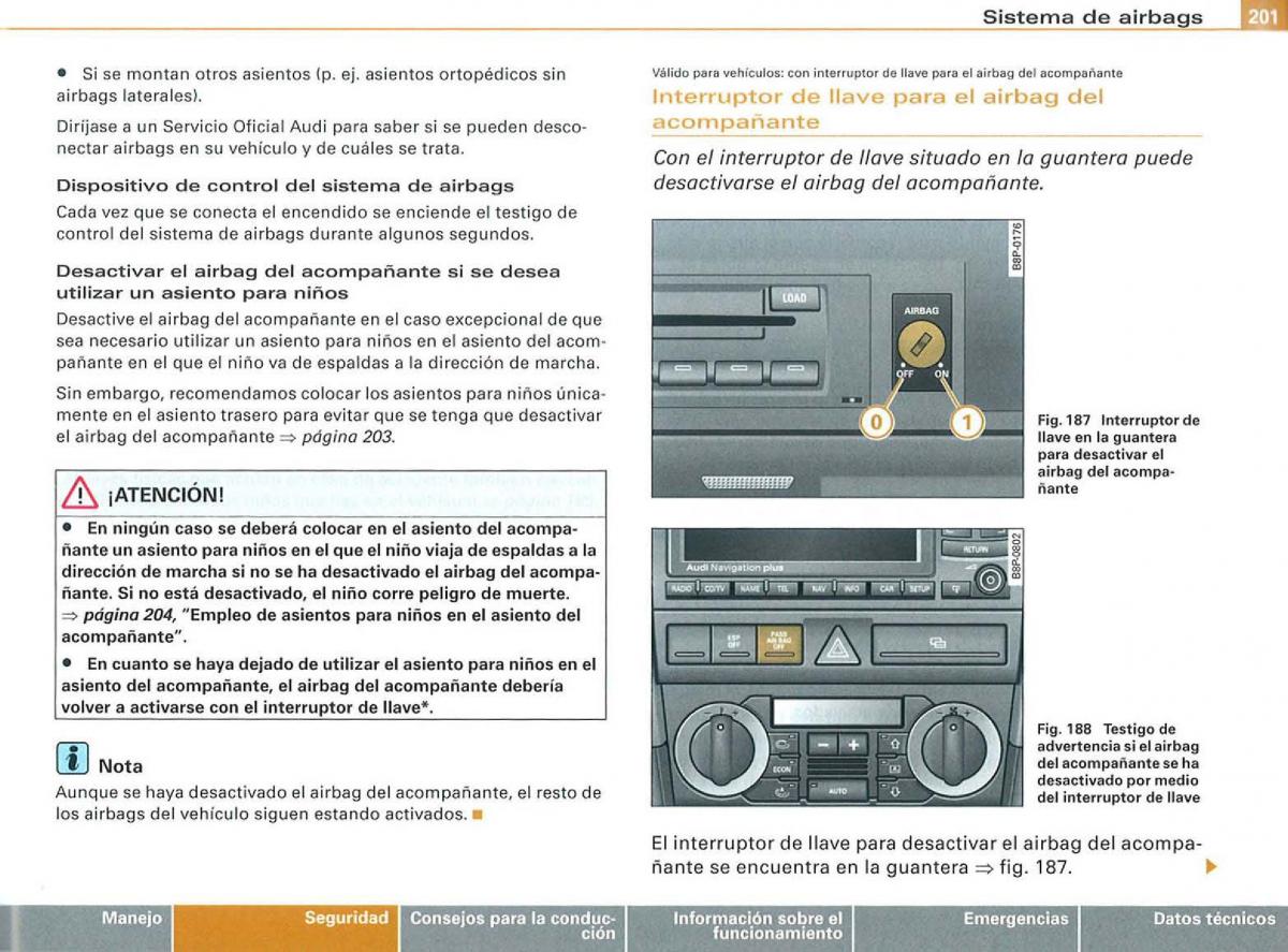 Audi A3 II 2 8P owners manual manual del propietario / page 203