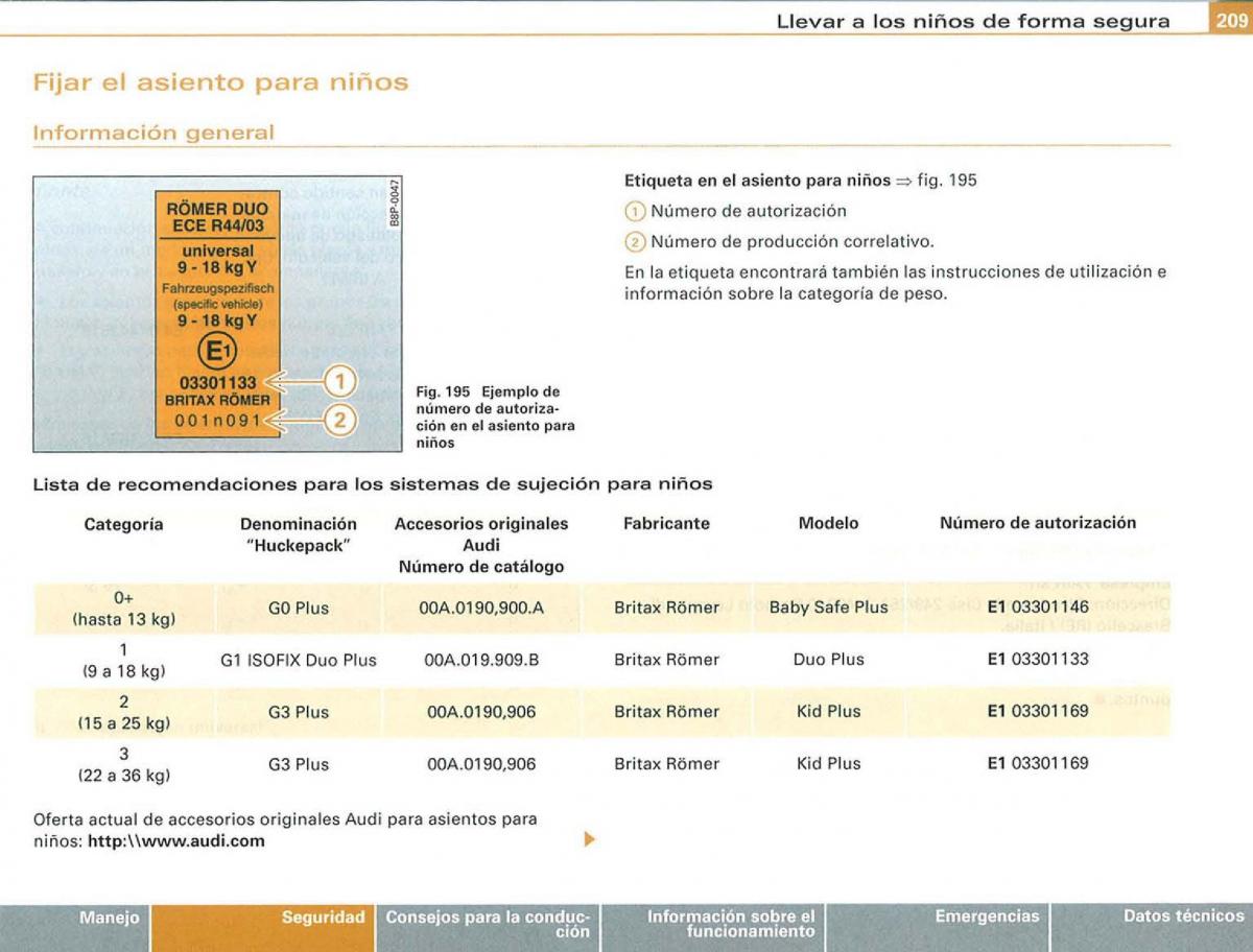 Audi A3 II 2 8P owners manual manual del propietario / page 211