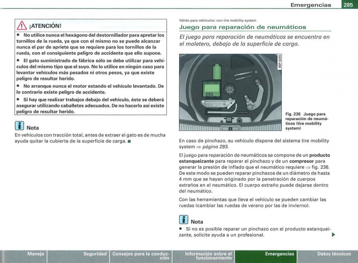 Audi A3 II 2 8P owners manual manual del propietario / page 287