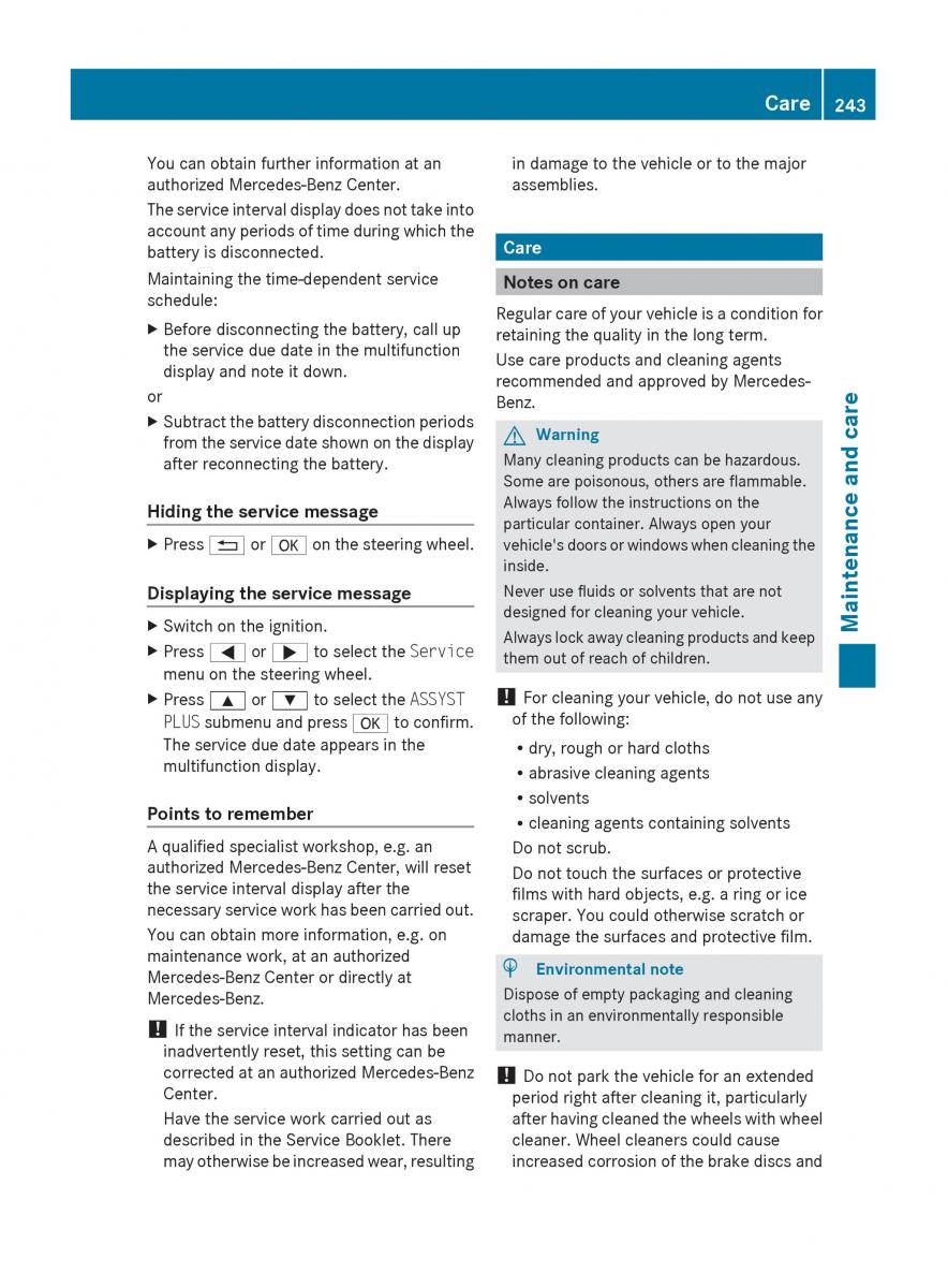 Mercedes Benz C Class W204 owners manual / page 245