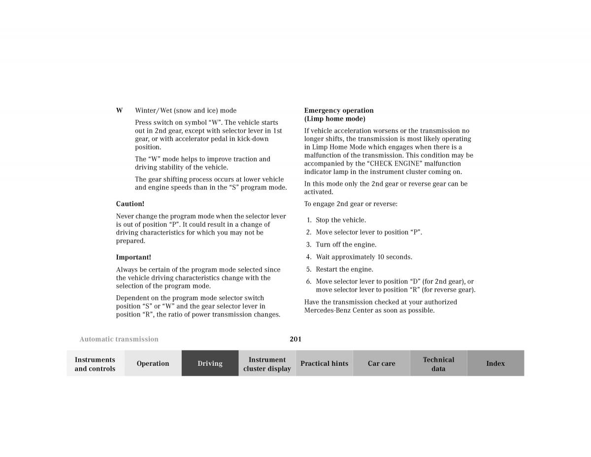 manual Mercedes E Mercedes Benz E Class W210 owners manual / page 204