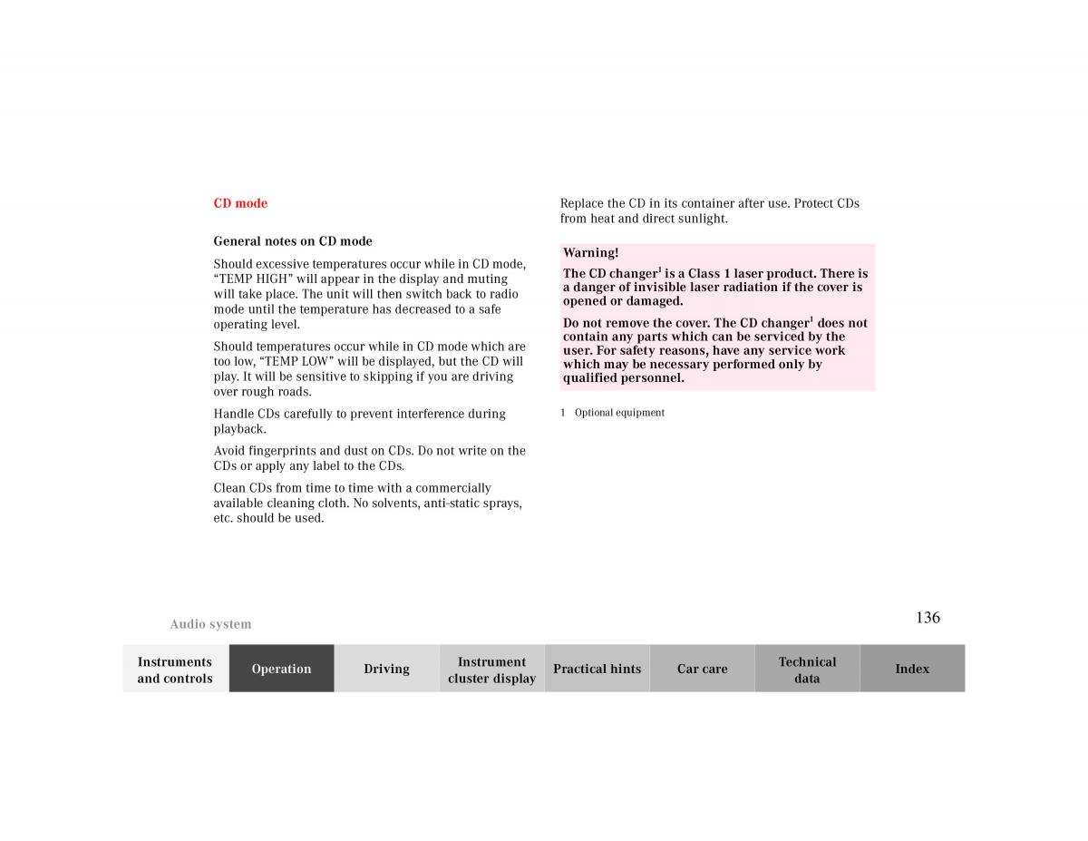 Mercedes Benz CLK Cabrio W208 owners manual / page 136