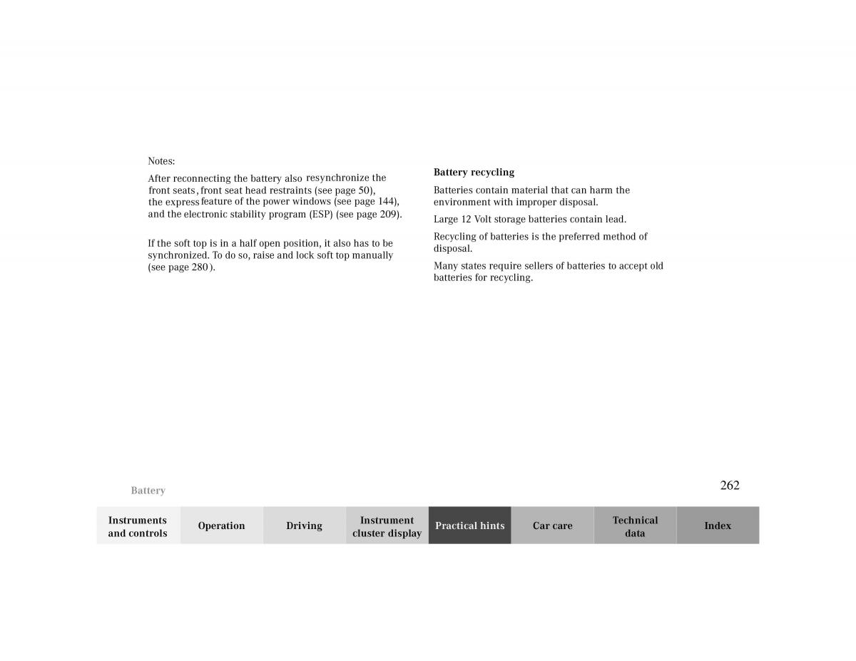 Mercedes Benz CLK Cabrio W208 owners manual / page 262